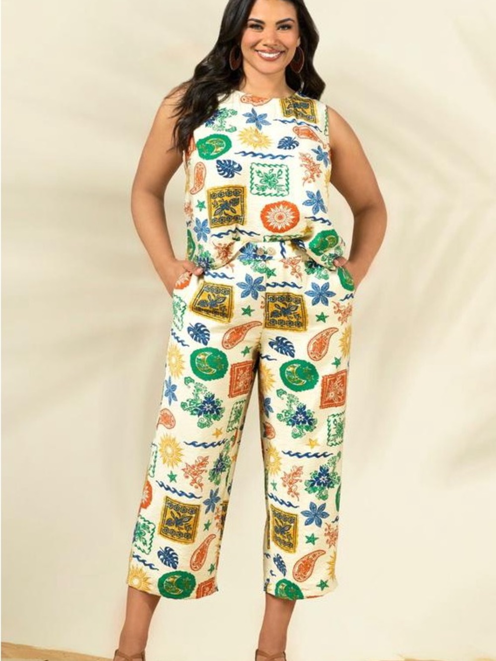 Cato | PLUS SIZE CROPPED TROPICAL STAMP PANTS